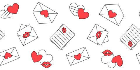 Mailing envelopes and sheets of paper with red hearts and kisses on a white background. Valentine's day and wedding endless texture with love messages. Vector seamless pattern for giftwrap or printing