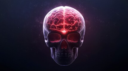 Glowing Digital Skull with Intricate Brain Detail in Dark Space