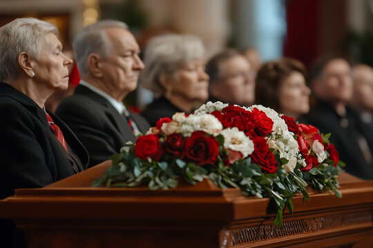 Mourners at a solemn gathering, paying respects with floral tributes and somber expressions. A moment of reflection and remembrance.
