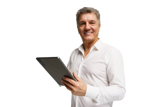Smiling middle-aged man holding tablet and engaging with technology indoors
