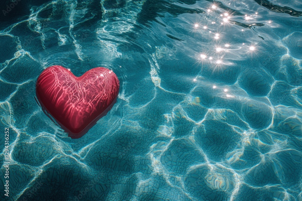 Poster serene pool scene featuring a vibrant red heart floating gently on the water surface reflecting sunl