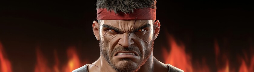 Intense Close up Portrait of an Angry Man with Red Eyes and Headband Against Fiery Background