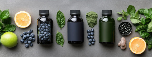 Nutritional supplements with fruits and greens, showcasing health benefits. Fresh blueberries, spinach, and citrus fruits surround dark bottles, emphasizing wellness and vitality