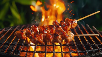 Grilled Chicken Satay with Spicy Sauce Over Flames and Smoke