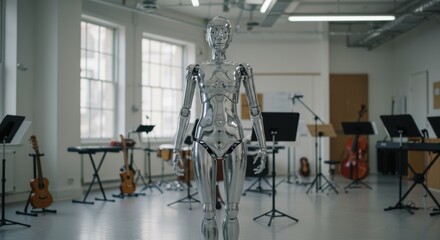 Obraz premium Futuristic humanoid robot in modern music classroom setting