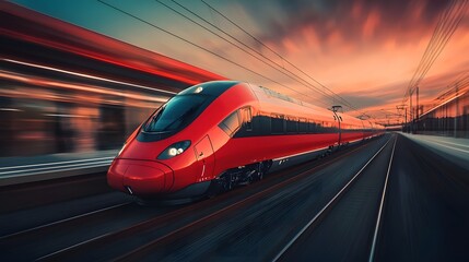 Obraz premium A high speed bullet train zooming through a minimalist urban environment at dusk with a vibrant sky and long shadows cast on the city s cutting edge architecture creating a dynamic