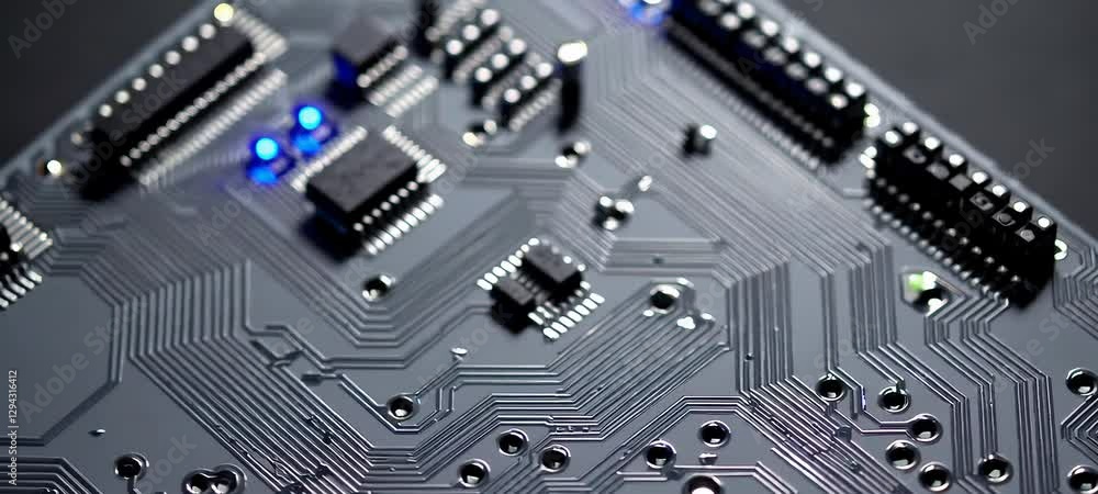 Poster closeup sequence of circuit board with glowing led lights and electronic components