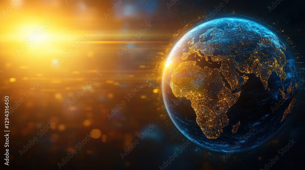 Poster blue and yellow globe with illuminated lights on a dark background representing earth and global con