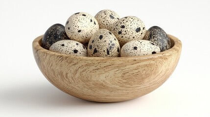 Obraz premium Quail eggs in wooden bowl on white background (1)