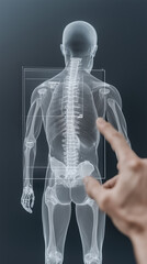 person interacting with holographic display of human body, showcasing spine and vitals. advanced technology highlights medical diagnostics and health monitoring