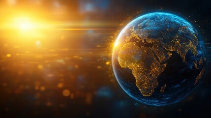 Blue and yellow globe with illuminated lights on a dark background representing earth and global connection