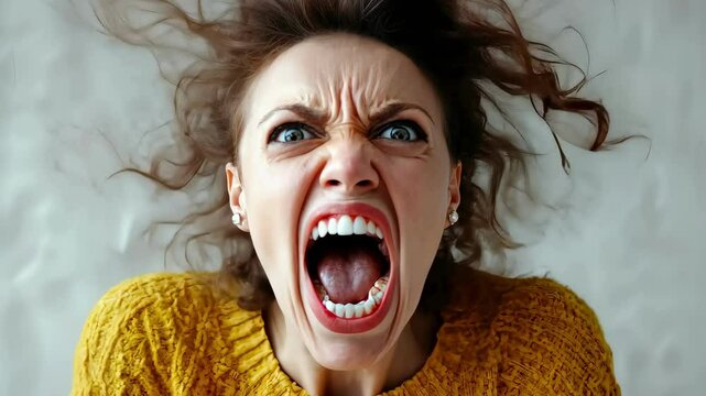 close up of angry woman screaming. Selective focus
