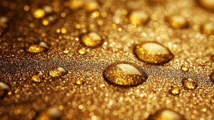 Golden water droplets on a glittery surface, abstract background