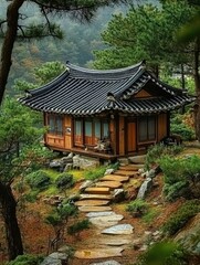 Traditional wooden building situated in a lush green landscape of trees