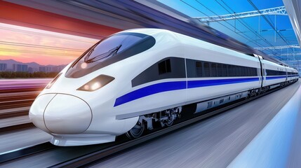 Fototapeta premium High-Speed Train Passing Through a Serene Valley at Sunset