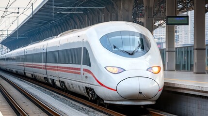 Naklejka premium High-Speed Train Swiftly Passing Through a Vibrant Valley Landscape