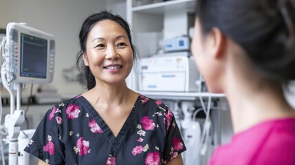 A patient converses with a cosmetic doctor in a clinical setting, highlighting a warm and professional interaction centered on personal care and aesthetics.