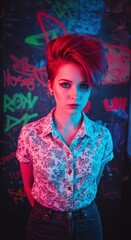 Fototapeta premium Vibrant neon portrait of a stylish young woman with bold hairstyle and graffiti background