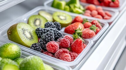 Fresh and frozen mixed berries and kiwi in containers