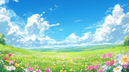 Fototapeta premium A sprawling meadow bursts with colorful flowers as bright blue skies stretch overhead, dotted with soft, white clouds. This enchanting landscape radiates peace and joy, inviting exploration