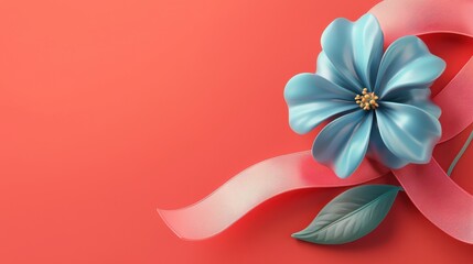 Elegant Blue Flower with Pink Ribbon on Coral Background 3D Rendered Floral Design
