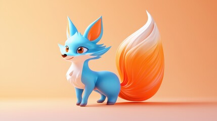 Adorable 3D Render of a Cute Blue Fox with a Long Orange Tail Cartoon Animal