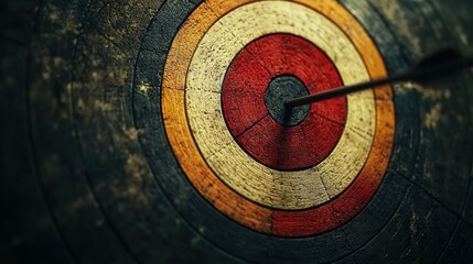 Aged wooden target with arrow in bullseye, close up