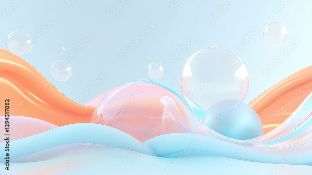 Poster abstract composition of floating bubbles with pastel colored wavy pattern