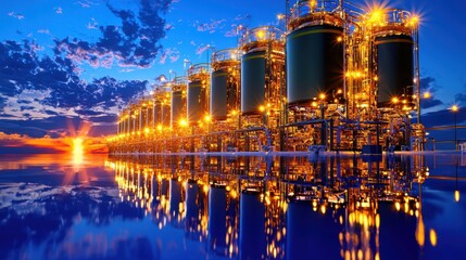 Obraz premium Mesmerizing sunset reflection at an industrial refinery plant showcasing the intricate architecture and infrastructure of the energy production facility against a stunning evening sky