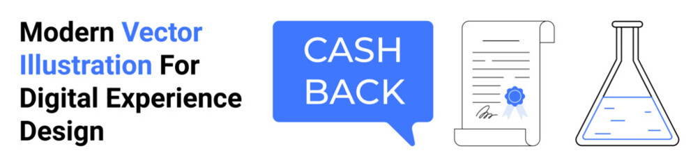 Cashback bubble, certified document, and flask highlight digital solutions, legal validation, science, and financial benefits. Ideal for e-commerce, fintech, innovation research education