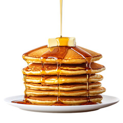 Stacked pancakes, syrup and butter, on a plate ,transparent background