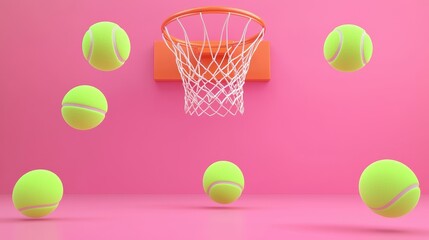 Fototapeta premium Colorful Tennis Balls Hovering Near Orange Basketball Hoop on Pink Background