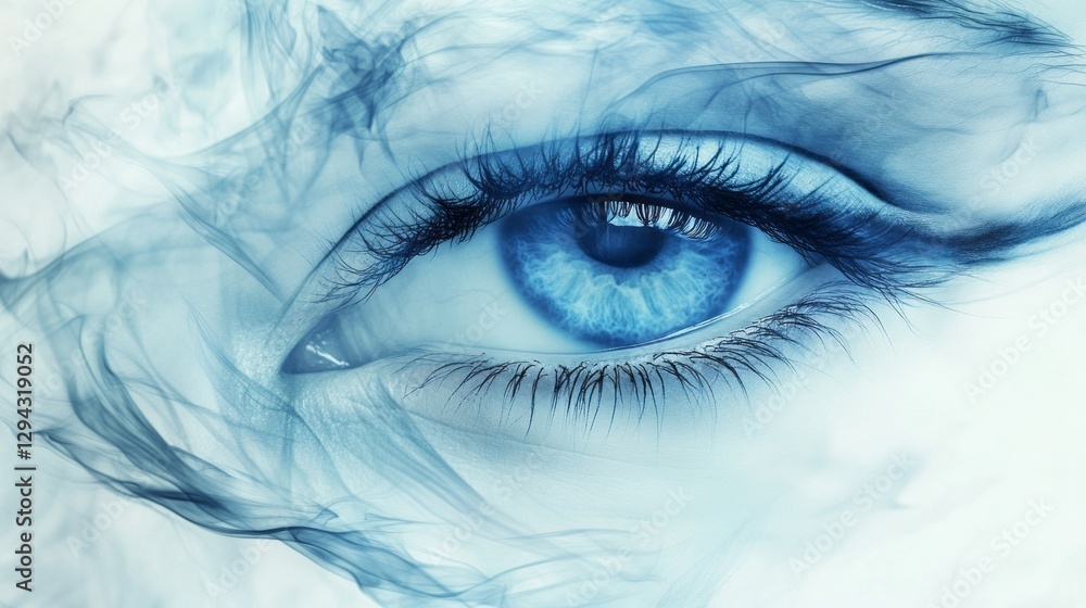 Poster a striking blue eye gazes intensely, enveloped in delicate tendrils of translucent smoke. the mesmer