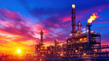 Obraz premium Captivating industrial landscape illuminated by vibrant sunset scenery with glowing flames towering pipelines and a hazy atmospheric sky