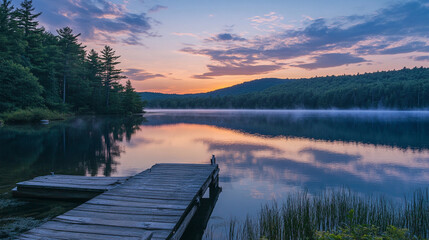A sunrise over a tranquil lake with a wooden pier evokes peace and serenity.