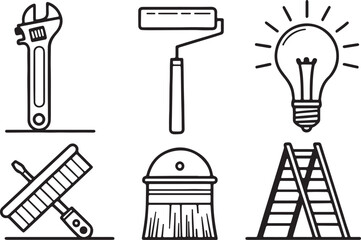 Obraz premium Home improvement elements editable flat stroke line art icon set, Outline of home repair tools. Vector illustration on a white background.