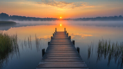 A sunrise over a tranquil lake with a wooden pier evokes peace and serenity.