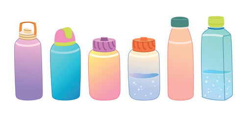 Colorful Reusable Water Bottles Collection. Hand drawn eco-friendly hydration concept in modern flat vector illustration style.