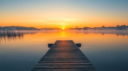 Naklejka premium A sunrise over a tranquil lake with a wooden pier evokes peace and serenity.