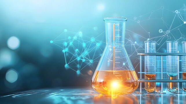 Close up of a vibrant chemical reaction with glowing synthetic compounds forming in a glass beaker double exposure effect with molecular structures creating a futuristic laboratory atmosphere