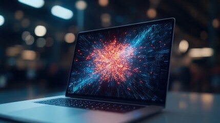 Laptop displaying colorful fireworks on screen with a captivating 3d digital tunnel background