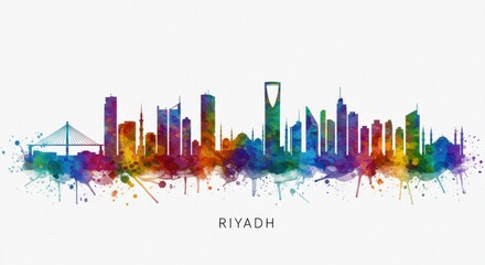 Obraz premium Vibrant watercolor skyline of riyadh city with colorful splashes and iconic landmarks