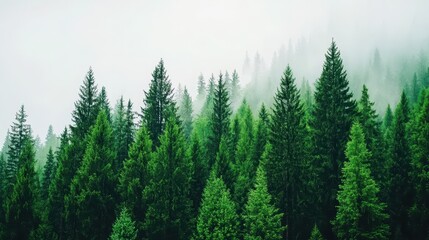 Obraz premium Misty Forest Scene with Towering Green Trees in Chaotic Atmosphere