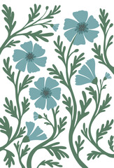 Botanical vintage poster. Floristic vector illustration. Blue flower composition