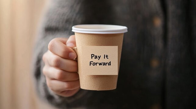 Hands Holding Coffee Cup with Pay It Forward Message for Kindness