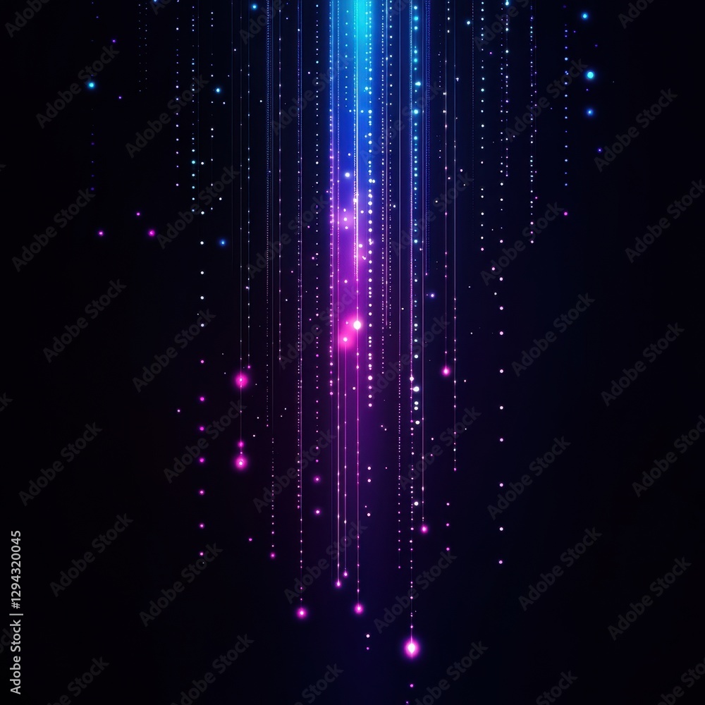 Poster abstract digital art with vibrant blue and purple light streams on dark background creating a modern