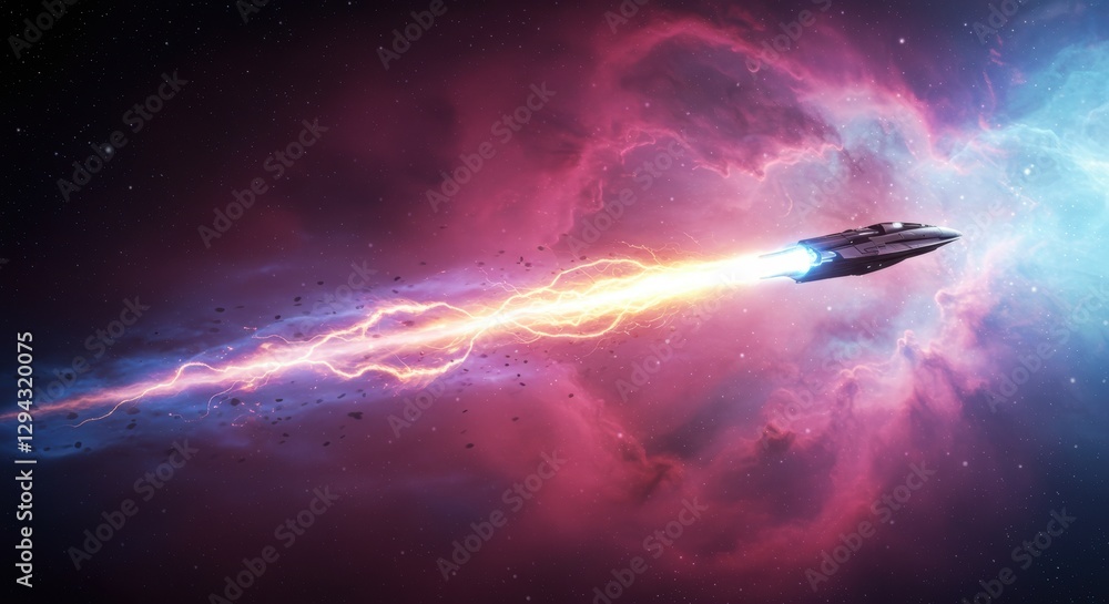 Poster futuristic spaceship traveling through vibrant nebula with lightning trail in deep space