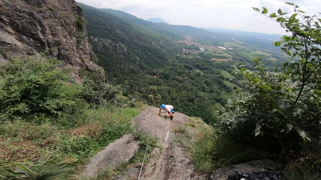 Climber Approaching Via Ferrata Guido Rossa, Caprie, Piedmont, Italy