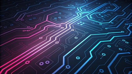 Fototapeta premium Futuristic microchip with neon pink and blue circuit lines, symbolizing advanced technology, AI, and digital connectivity. Modern tech innovation and cyber concept