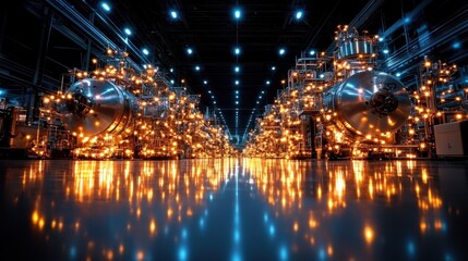 Illuminated Cityscape with Reflective Skyscrapers and Neon Lights at Night   A Captivating Urban Landscape of Modern Architecture Technology and Dazzling Lights